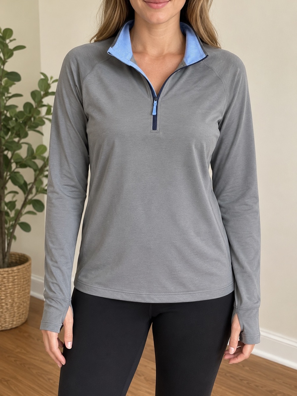 Southern Tide Women's Gray Quarter-Zip Pullover with Light Blue Trim